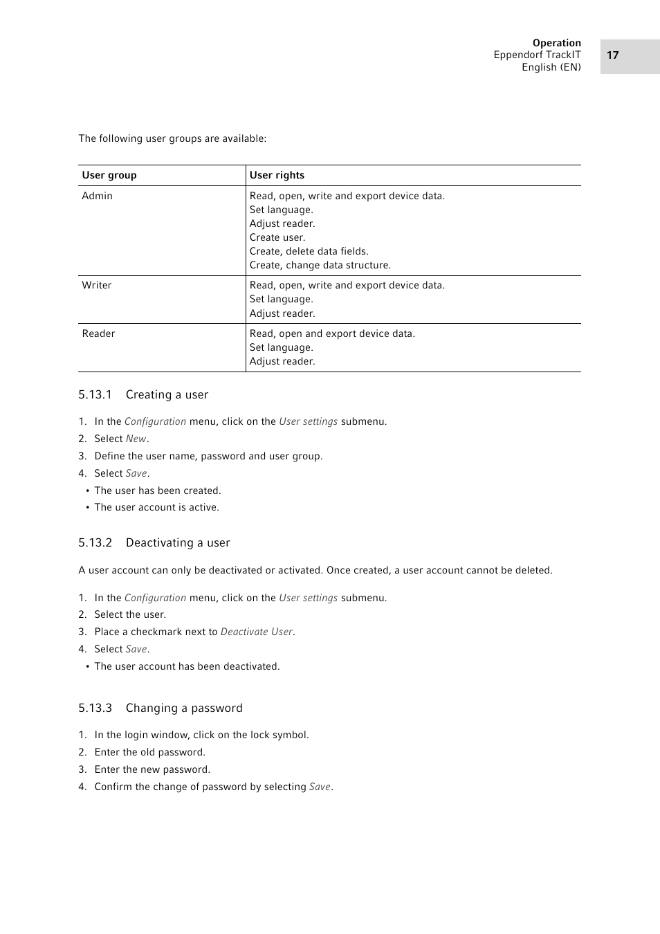 1 creating a user, 2 deactivating a user, 3 changing a password | Creating a user, Deactivating a user, Changing a password | Eppendorf TrackIT User Manual | Page 17 / 22