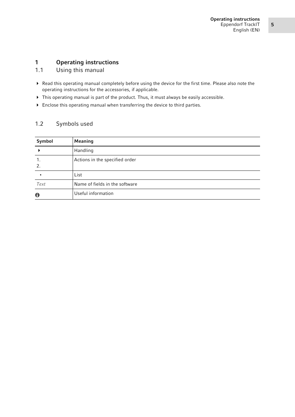 1 operating instructions, 1 using this manual, 2 symbols used | Operating instructions 1.1, Using this manual, Symbols used | Eppendorf TrackIT User Manual | Page 5 / 22
