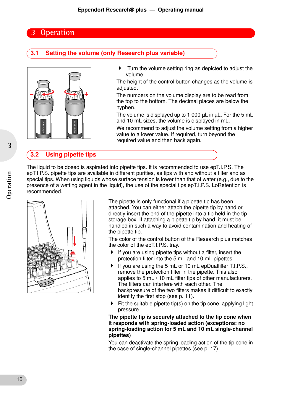 Operation, 1 setting the volume (only research plus variable), 2 using pipette tips | 3 operation | Eppendorf Research plus User Manual | Page 10 / 42