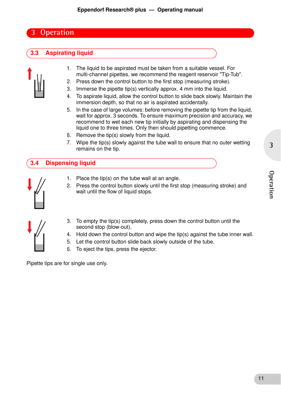 3 aspirating liquid, 4 dispensing liquid, 3 aspirating liquid 3.4 dispensing liquid | 3 operation | Eppendorf Research plus User Manual | Page 11 / 42