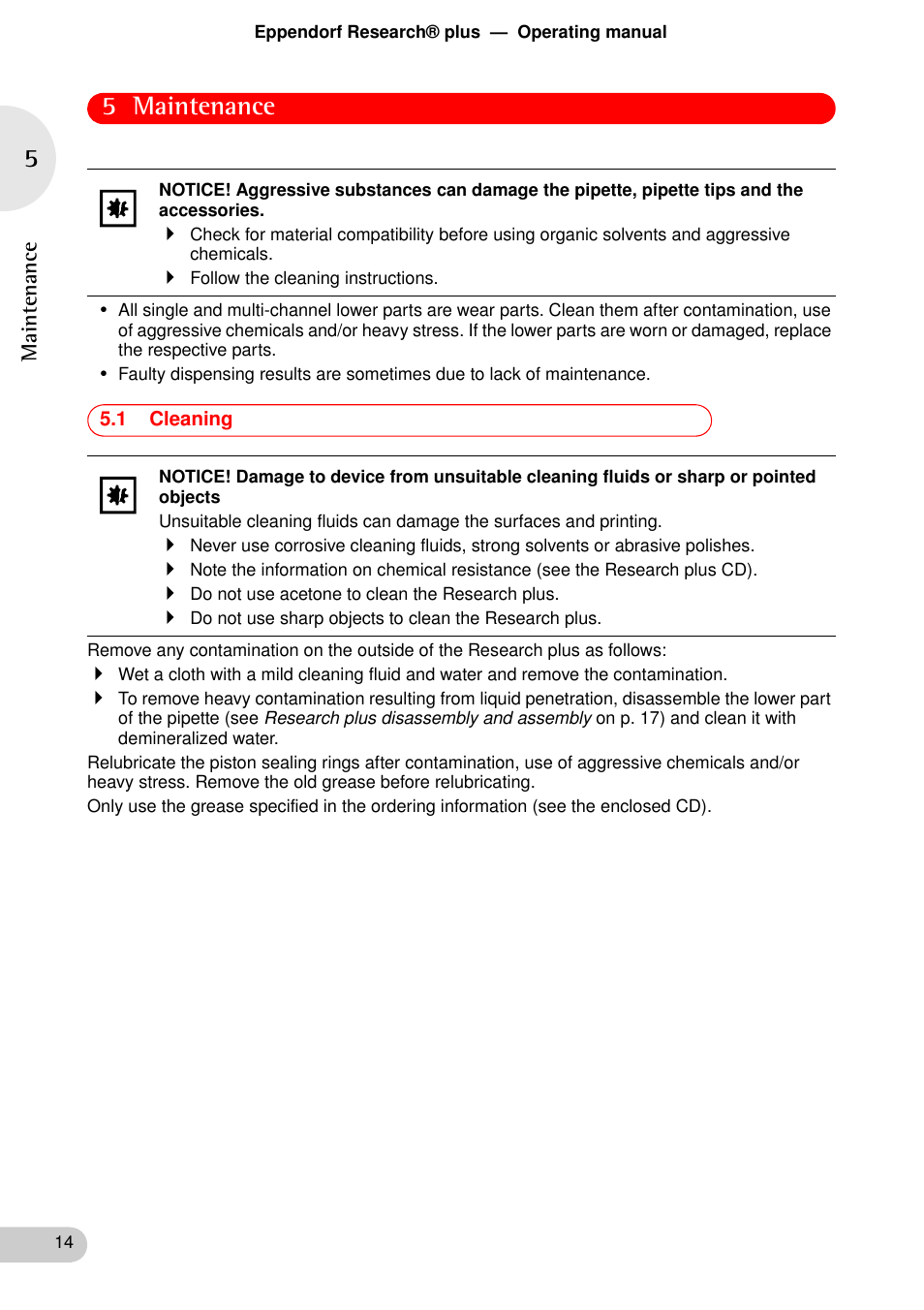 Maintenance, 1 cleaning, Maintenance 5.1 cleaning | 5 maintenance | Eppendorf Research plus User Manual | Page 14 / 42