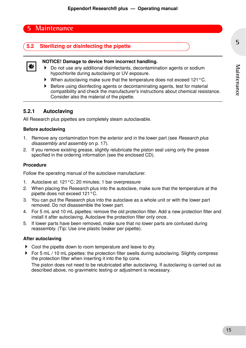 2 sterilizing or disinfecting the pipette, 1 autoclaving, 5 maintenance | Eppendorf Research plus User Manual | Page 15 / 42