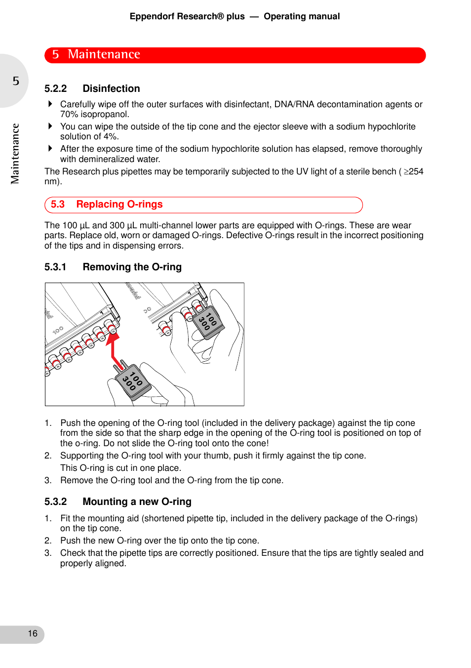 2 disinfection, 3 replacing o-rings, 1 removing the o-ring | 2 mounting a new o-ring, 1 removing the o-ring 5.3.2 mounting a new o-ring, 5 maintenance | Eppendorf Research plus User Manual | Page 16 / 42