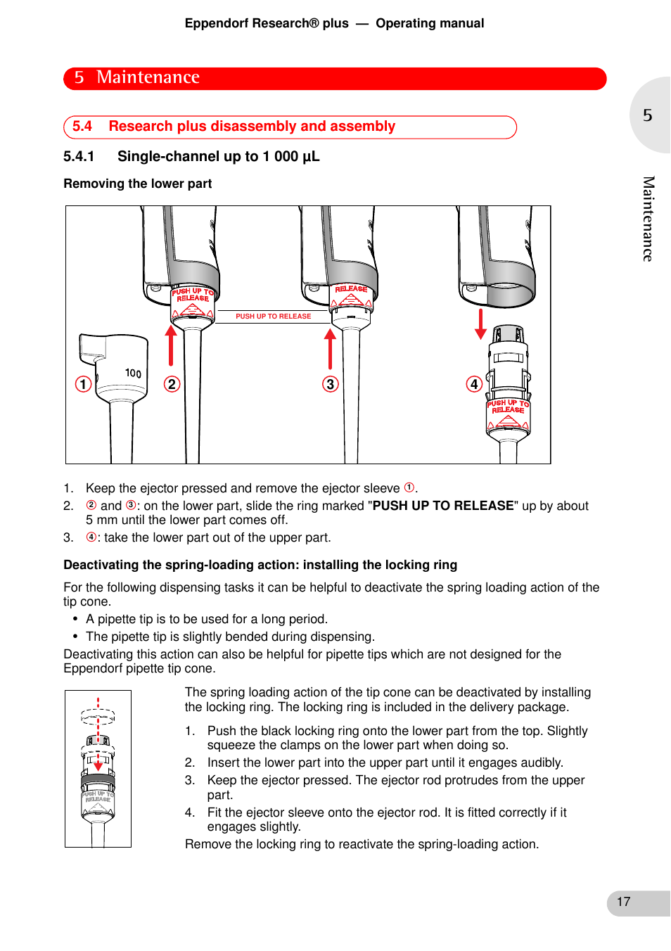 4 research plus disassembly and assembly, 1 single-channel up to 1 000 µl, 1 single-channel up to 1 000 μl | 5 maintenance | Eppendorf Research plus User Manual | Page 17 / 42