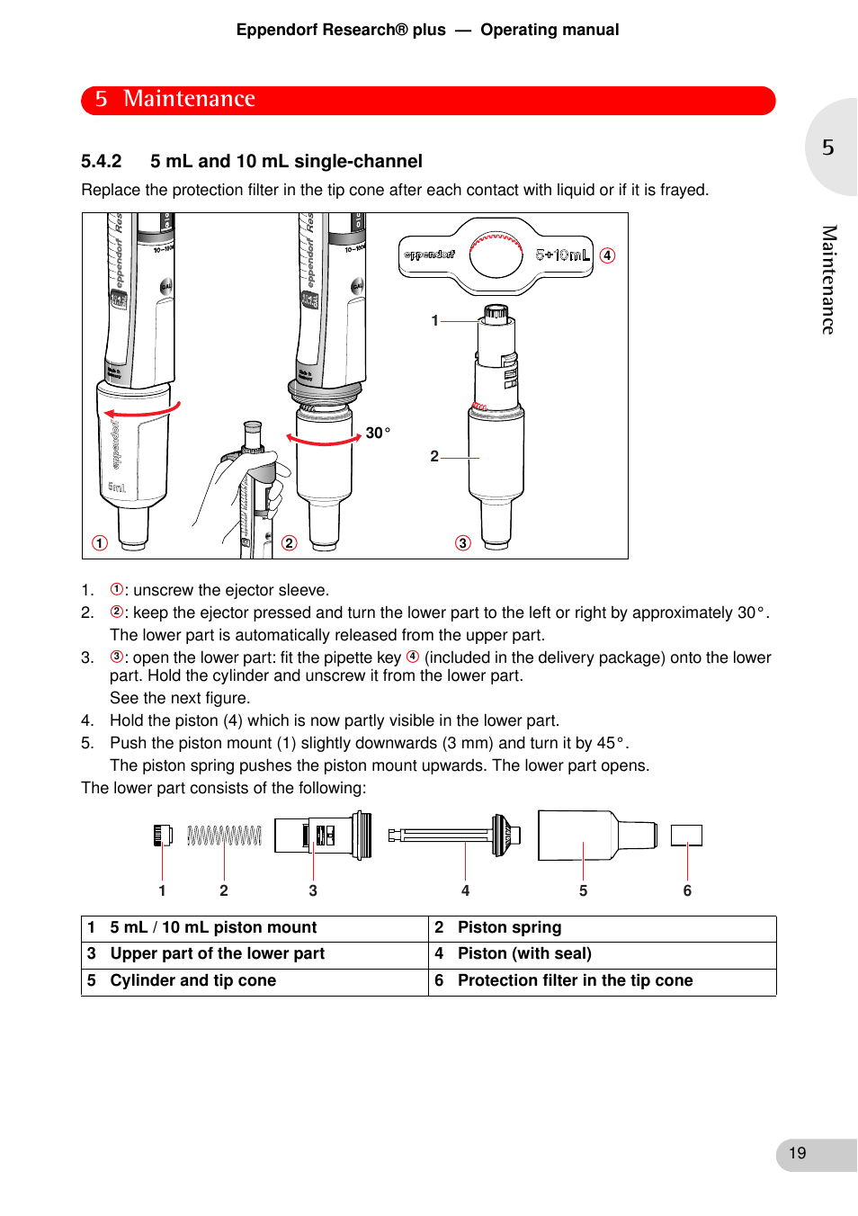 2 5 ml and 10 ml single-channel, 5 maintenance, Main tenan ce | Eppendorf Research plus User Manual | Page 19 / 42