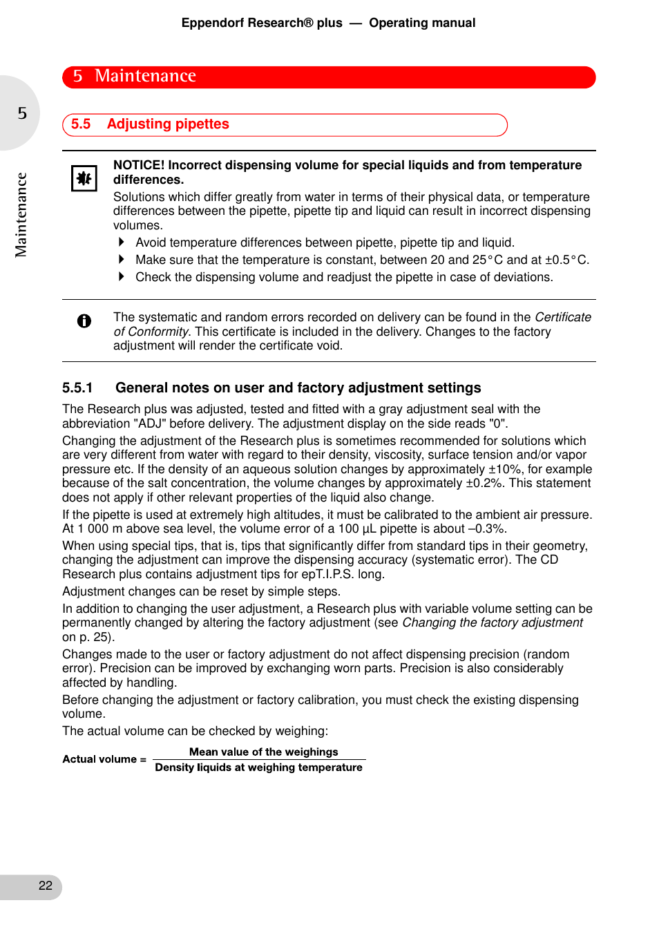 5 adjusting pipettes, 5 maintenance | Eppendorf Research plus User Manual | Page 22 / 42