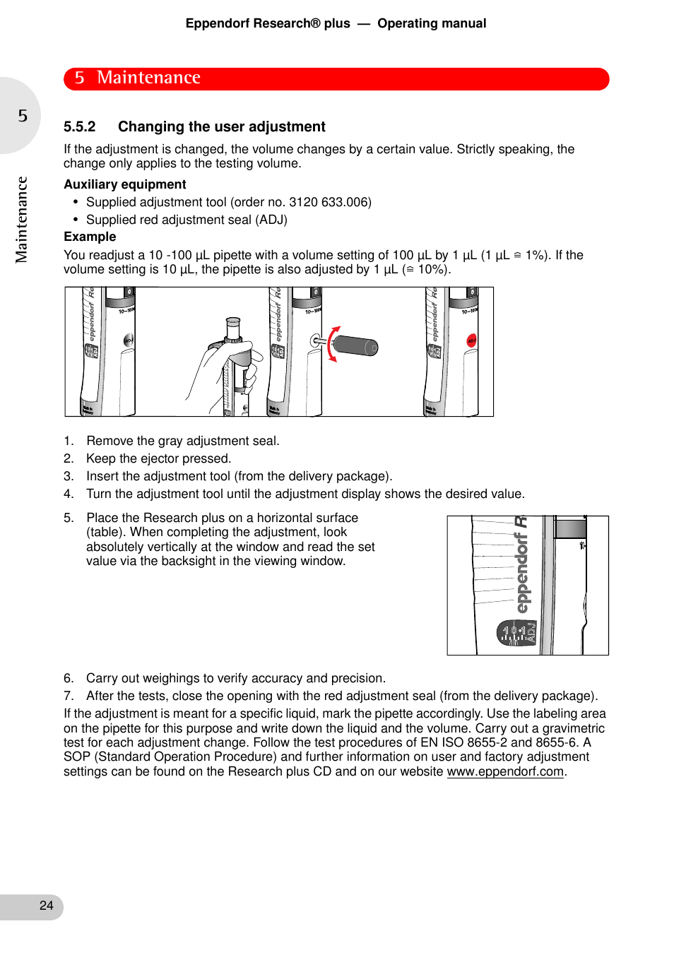 2 changing the user adjustment, 5 maintenance | Eppendorf Research plus User Manual | Page 24 / 42