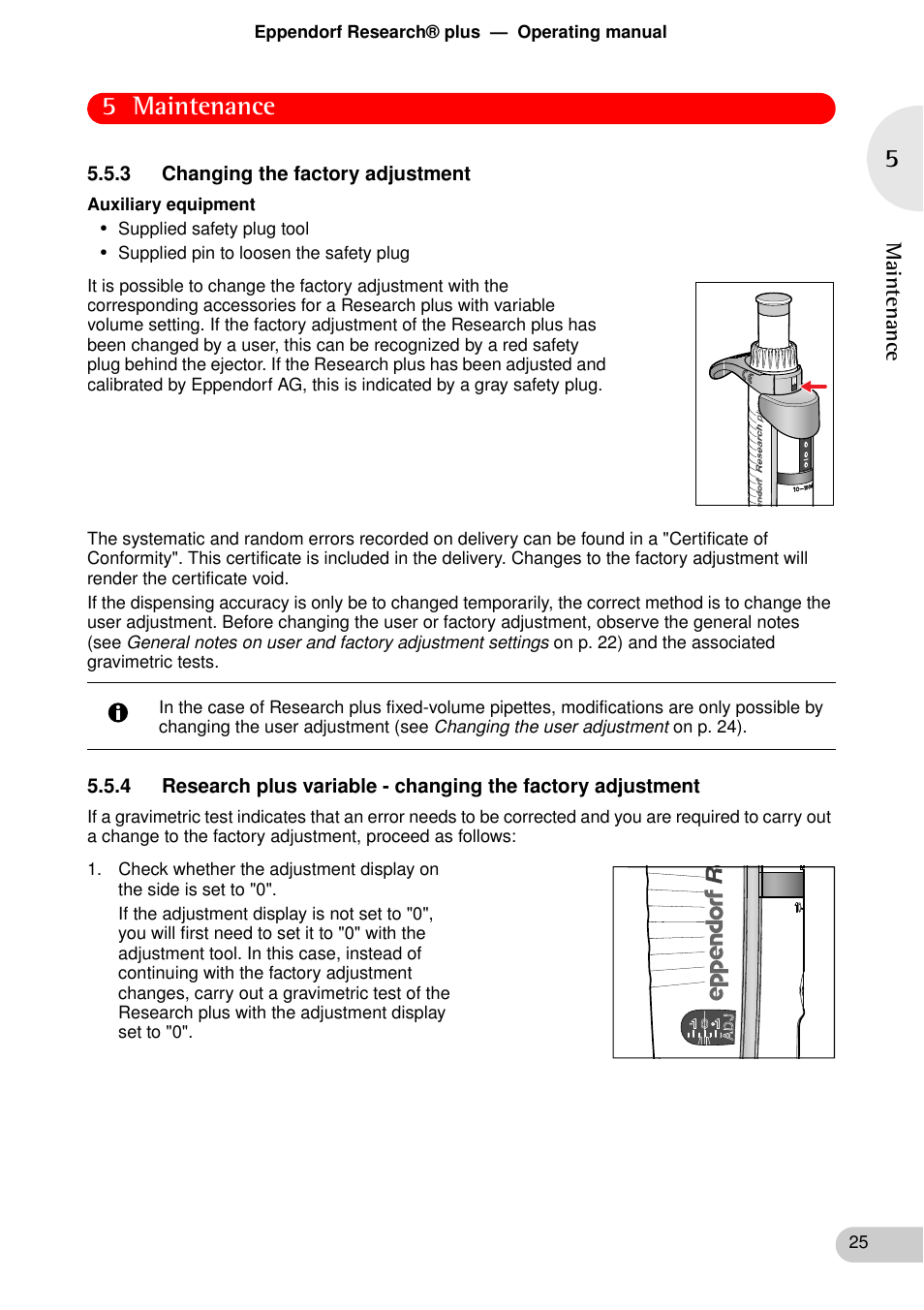 3 changing the factory adjustment, 5 maintenance | Eppendorf Research plus User Manual | Page 25 / 42