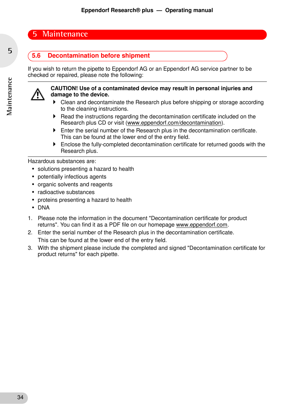 6 decontamination before shipment, 5 maintenance | Eppendorf Research plus User Manual | Page 34 / 42