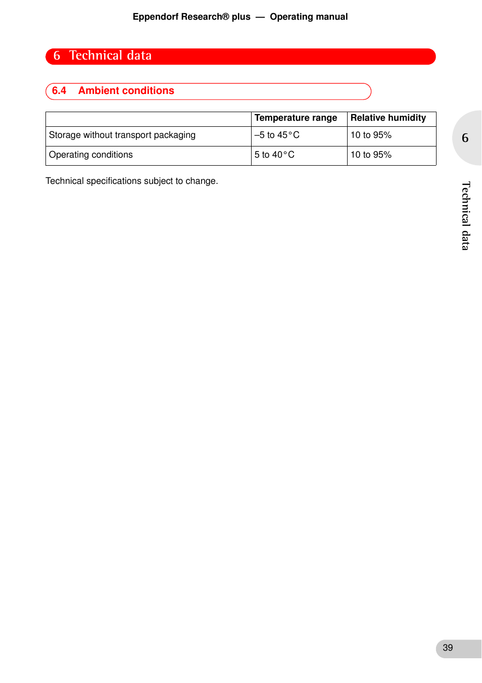 4 ambient conditions, 6 technical data | Eppendorf Research plus User Manual | Page 39 / 42