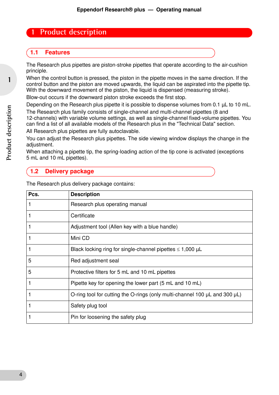 Product description, 1 features, 2 delivery package | 1 product description | Eppendorf Research plus User Manual | Page 4 / 42