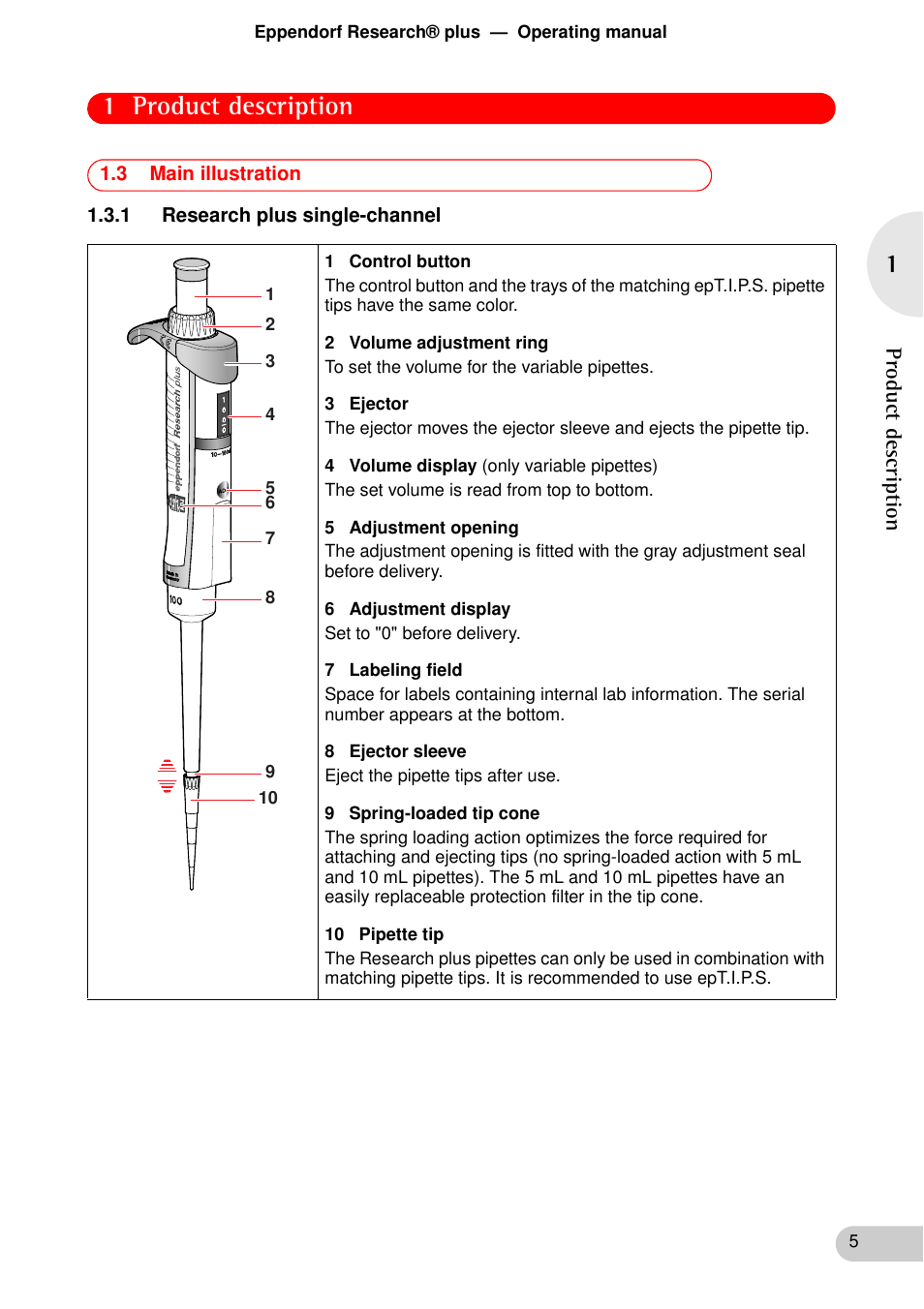 3 main illustration, 1 research plus single-channel, 1 product description | Eppendorf Research plus User Manual | Page 5 / 42