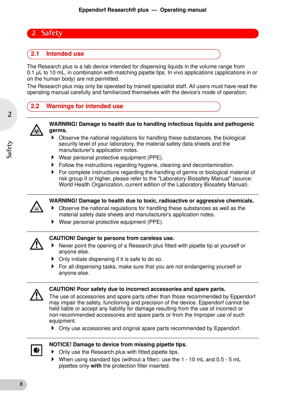 Safety, 1 intended use, 2 warnings for intended use | 2 safety, Sa fety | Eppendorf Research plus User Manual | Page 8 / 42