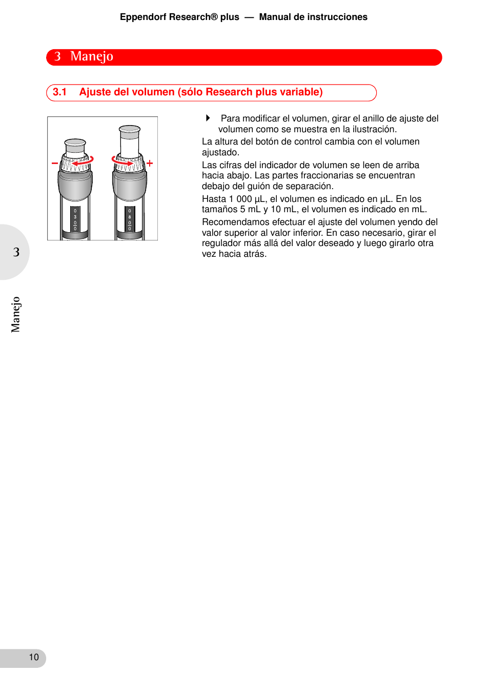 Manejo, 1 ajuste del volumen (sólo research plus variable), 3 manejo | Eppendorf Research plus User Manual | Page 10 / 44