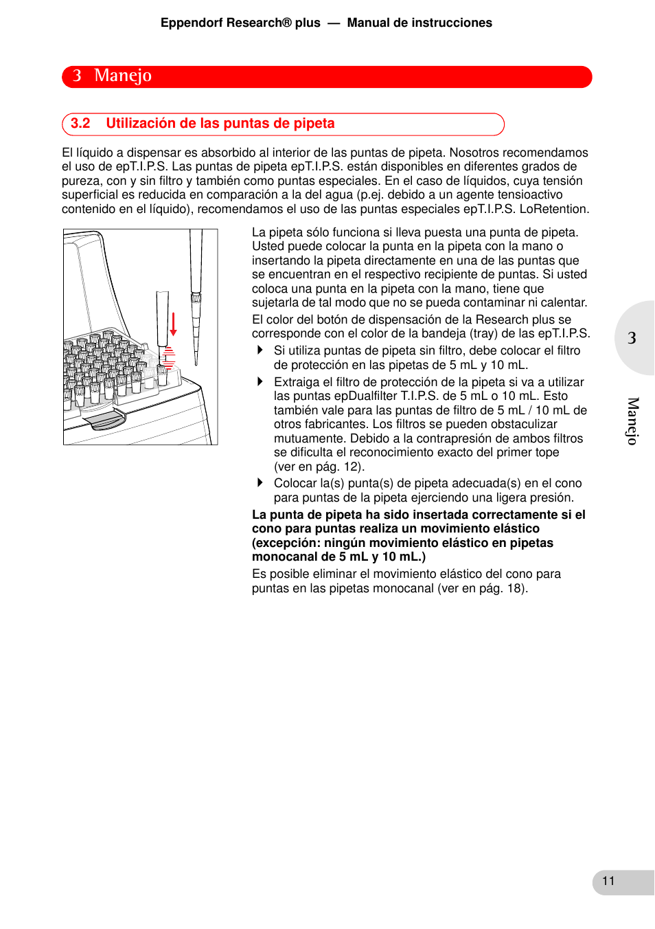 2 utilización de las puntas de pipeta, 3 manejo | Eppendorf Research plus User Manual | Page 11 / 44