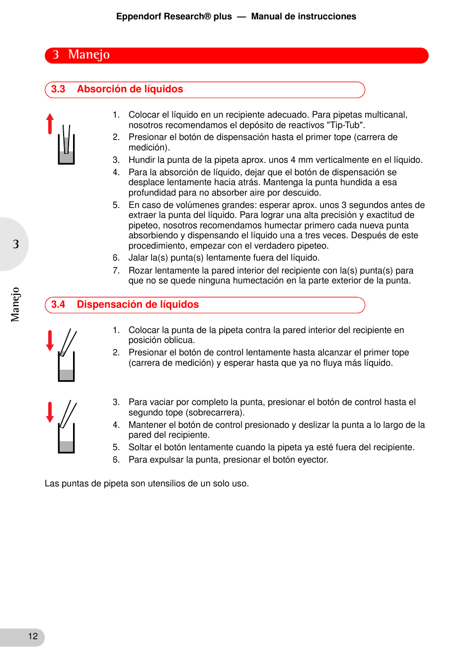 3 absorción de líquidos, 4 dispensación de líquidos, 3 manejo | Eppendorf Research plus User Manual | Page 12 / 44
