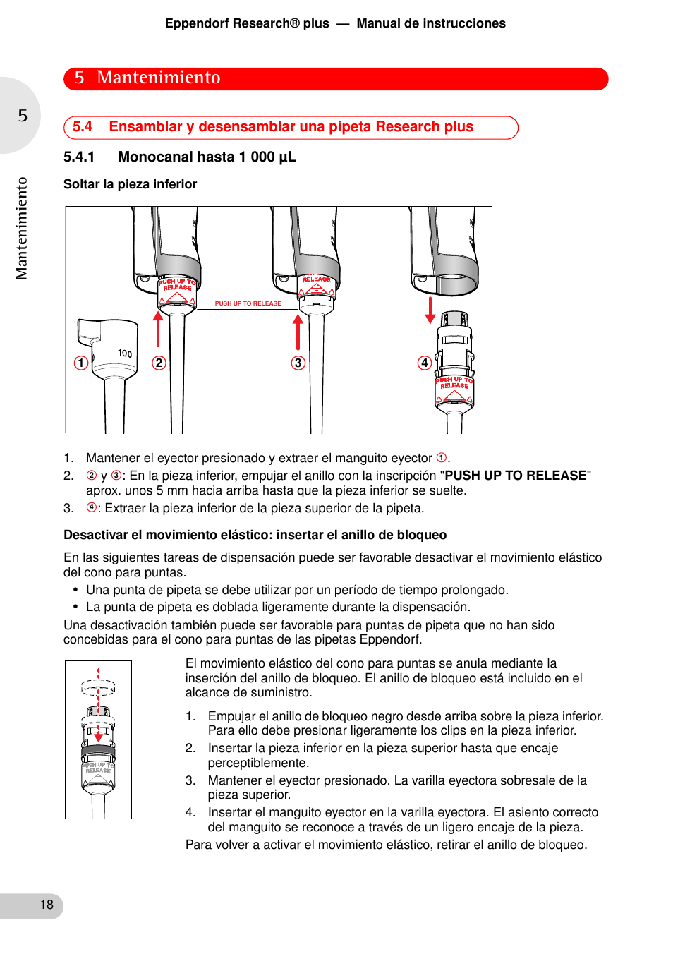 1 monocanal hasta 1 000 µl, 1 monocanal hasta 1 000 μl, 5 mantenimiento | Manten imi e nt o | Eppendorf Research plus User Manual | Page 18 / 44