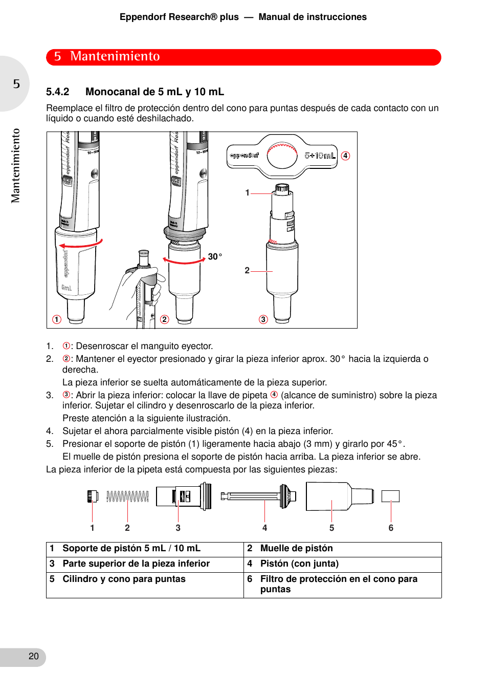 2 monocanal de 5 ml y 10 ml, 5 mantenimiento, Manten imi e nt o | Eppendorf Research plus User Manual | Page 20 / 44