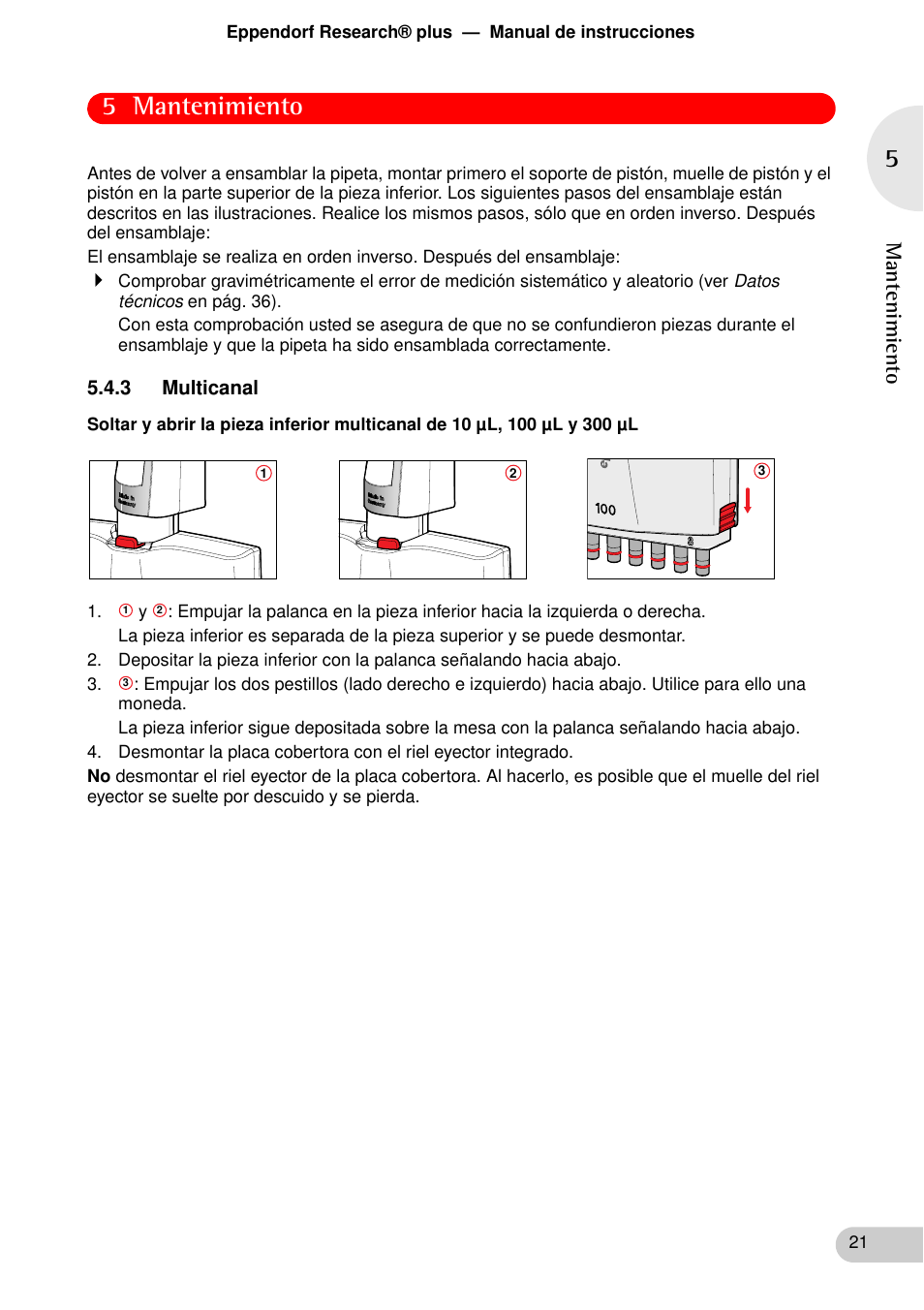 3 multicanal, 5 mantenimiento | Eppendorf Research plus User Manual | Page 21 / 44