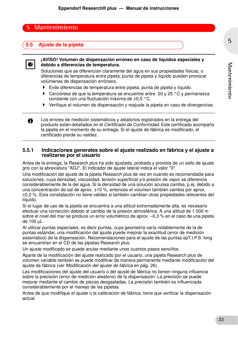 5 ajuste de la pipeta, Por el usuario23, 5 mantenimiento | Eppendorf Research plus User Manual | Page 23 / 44