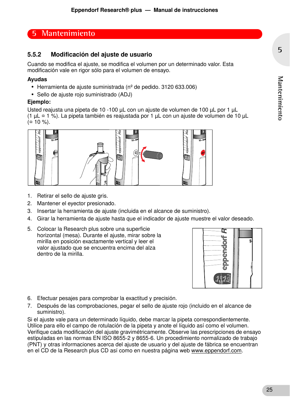 2 modificación del ajuste de usuario, 5 mantenimiento | Eppendorf Research plus User Manual | Page 25 / 44