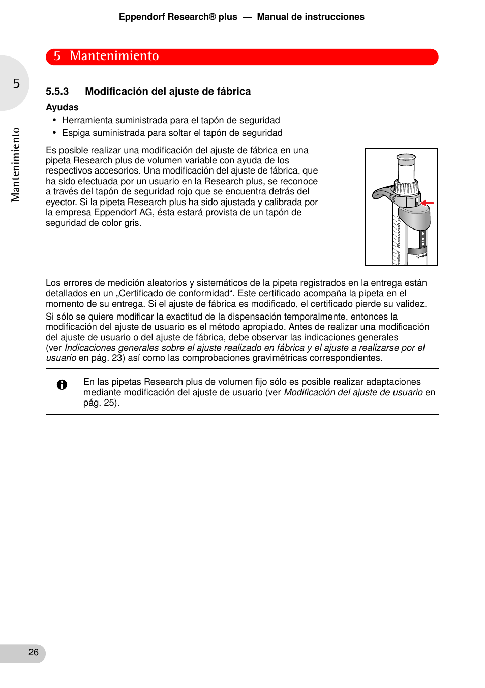 3 modificación del ajuste de fábrica, 5 mantenimiento | Eppendorf Research plus User Manual | Page 26 / 44