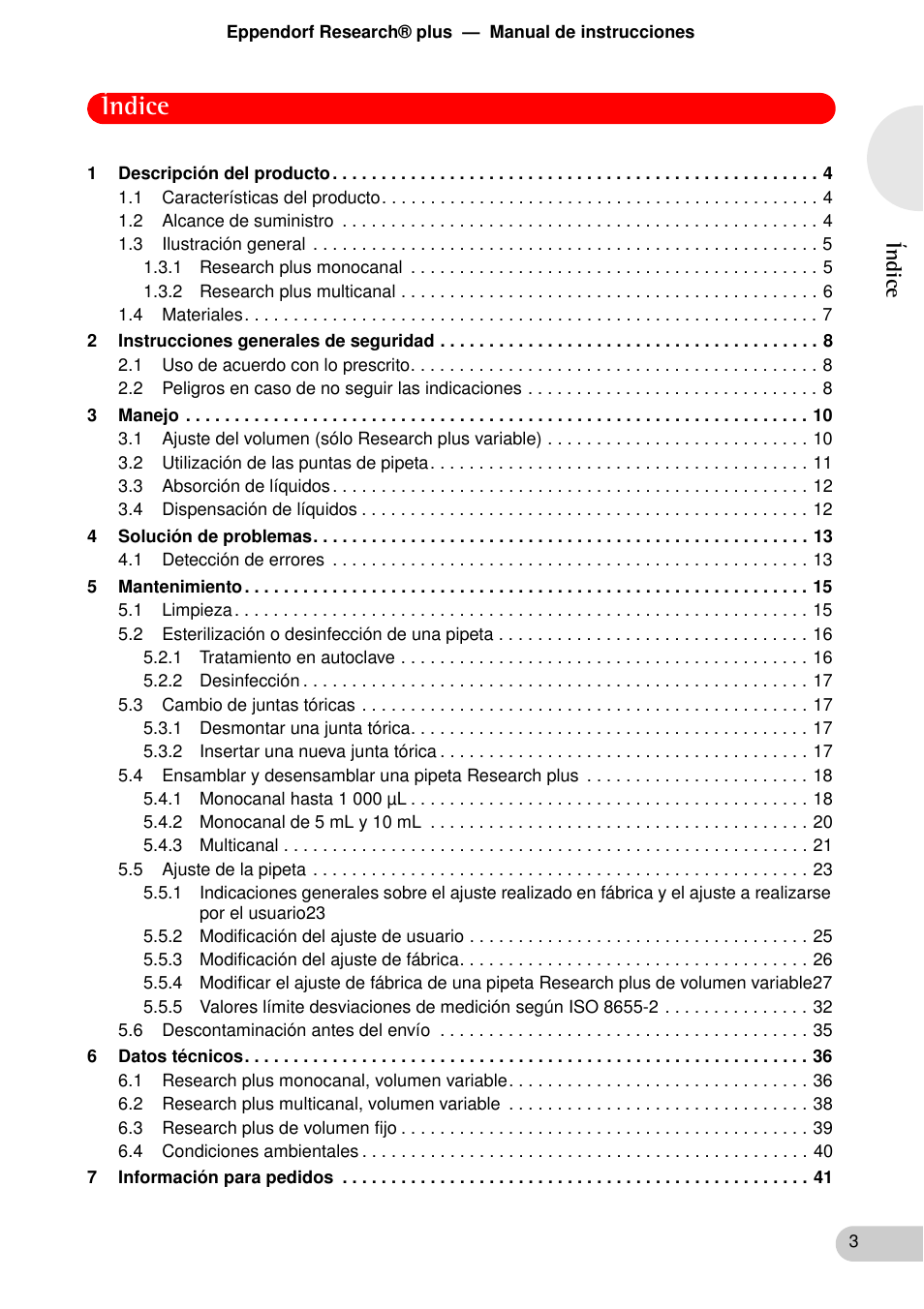 Índice | Eppendorf Research plus User Manual | Page 3 / 44