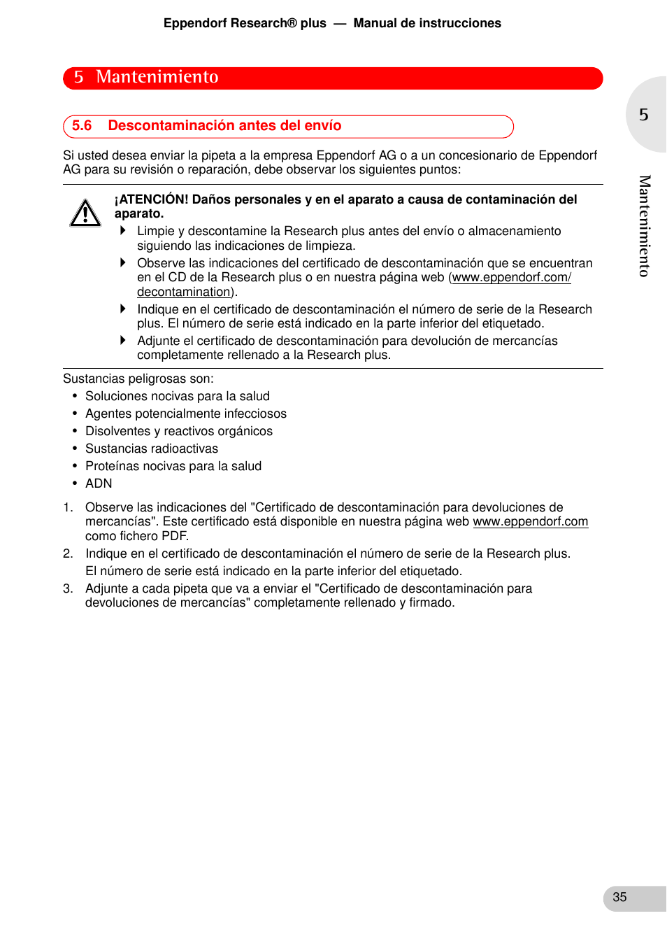 6 descontaminación antes del envío, 5 mantenimiento | Eppendorf Research plus User Manual | Page 35 / 44