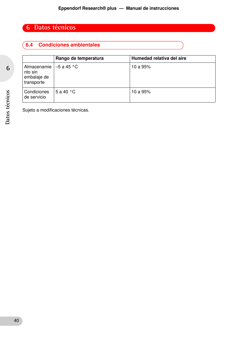 4 condiciones ambientales, 6 datos técnicos | Eppendorf Research plus User Manual | Page 40 / 44