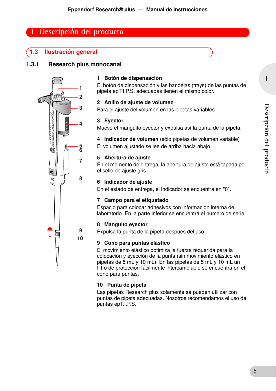 3 ilustración general, 1 research plus monocanal, 1 descripción del producto | Eppendorf Research plus User Manual | Page 5 / 44