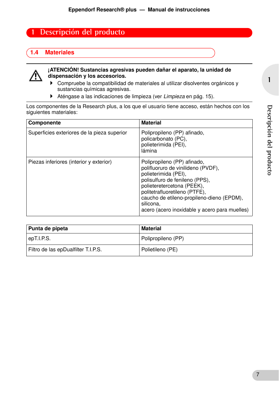 4 materiales, 1 descripción del producto | Eppendorf Research plus User Manual | Page 7 / 44