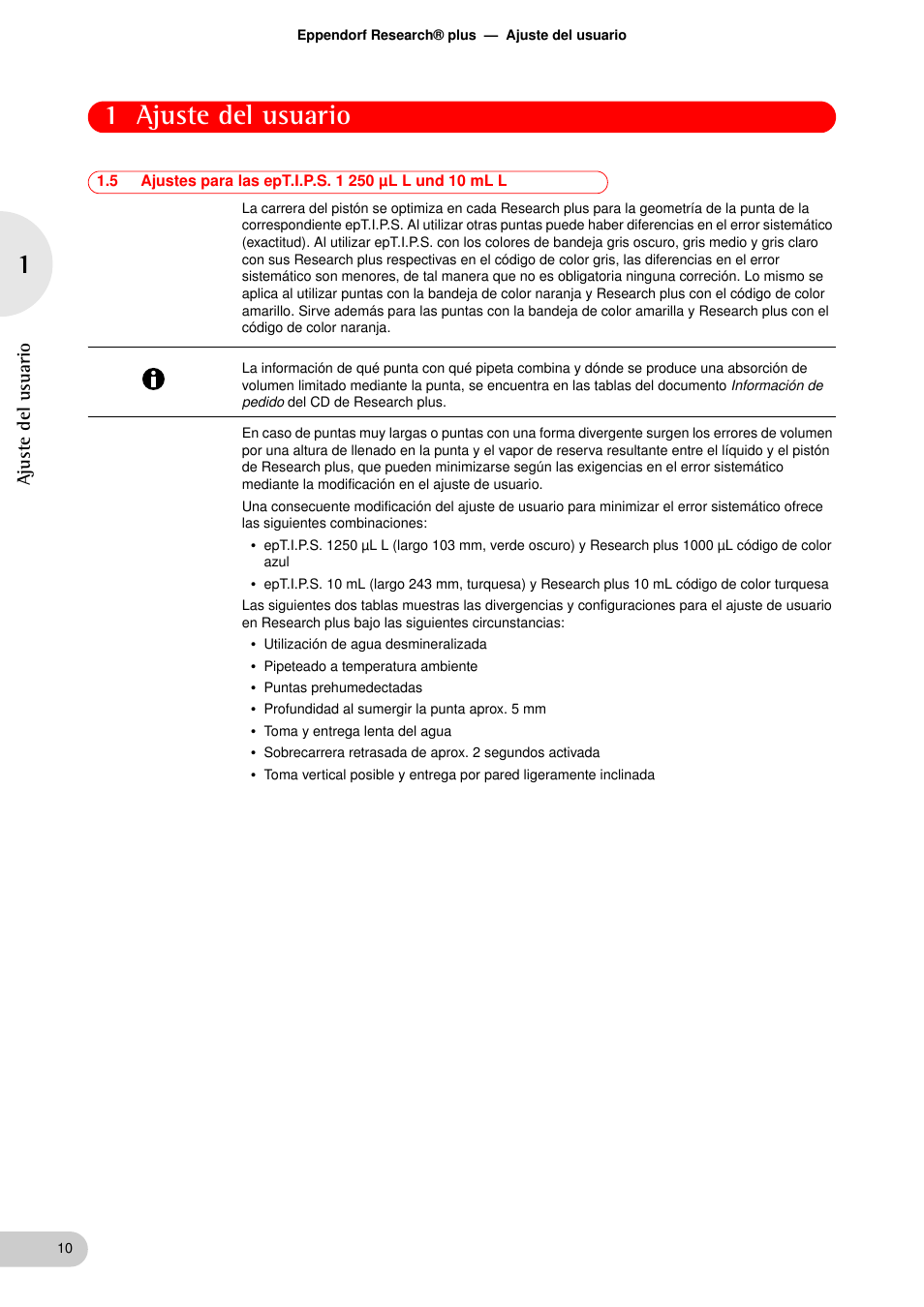 Ajustes para las ept.i.p.s. 1 250 μl l und 10 ml l, 1 ajuste del usuario | Eppendorf Research plus Adjustment Factory User Manual | Page 10 / 14