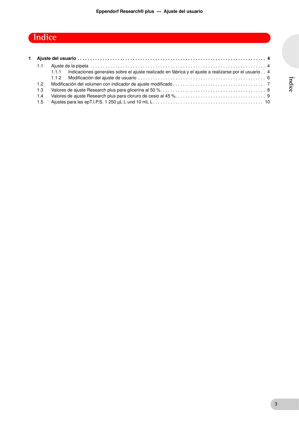 Índice, Índic e | Eppendorf Research plus Adjustment Factory User Manual | Page 3 / 14