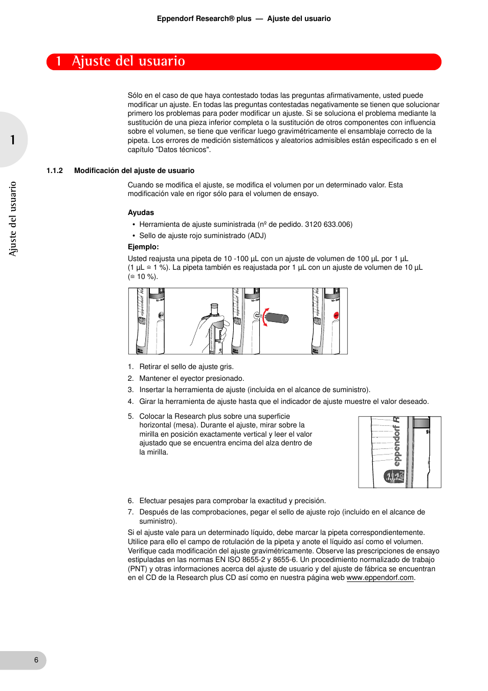 2 modificación del ajuste de usuario, Modificación del ajuste de usuario, 1 ajuste del usuario | Eppendorf Research plus Adjustment Factory User Manual | Page 6 / 14