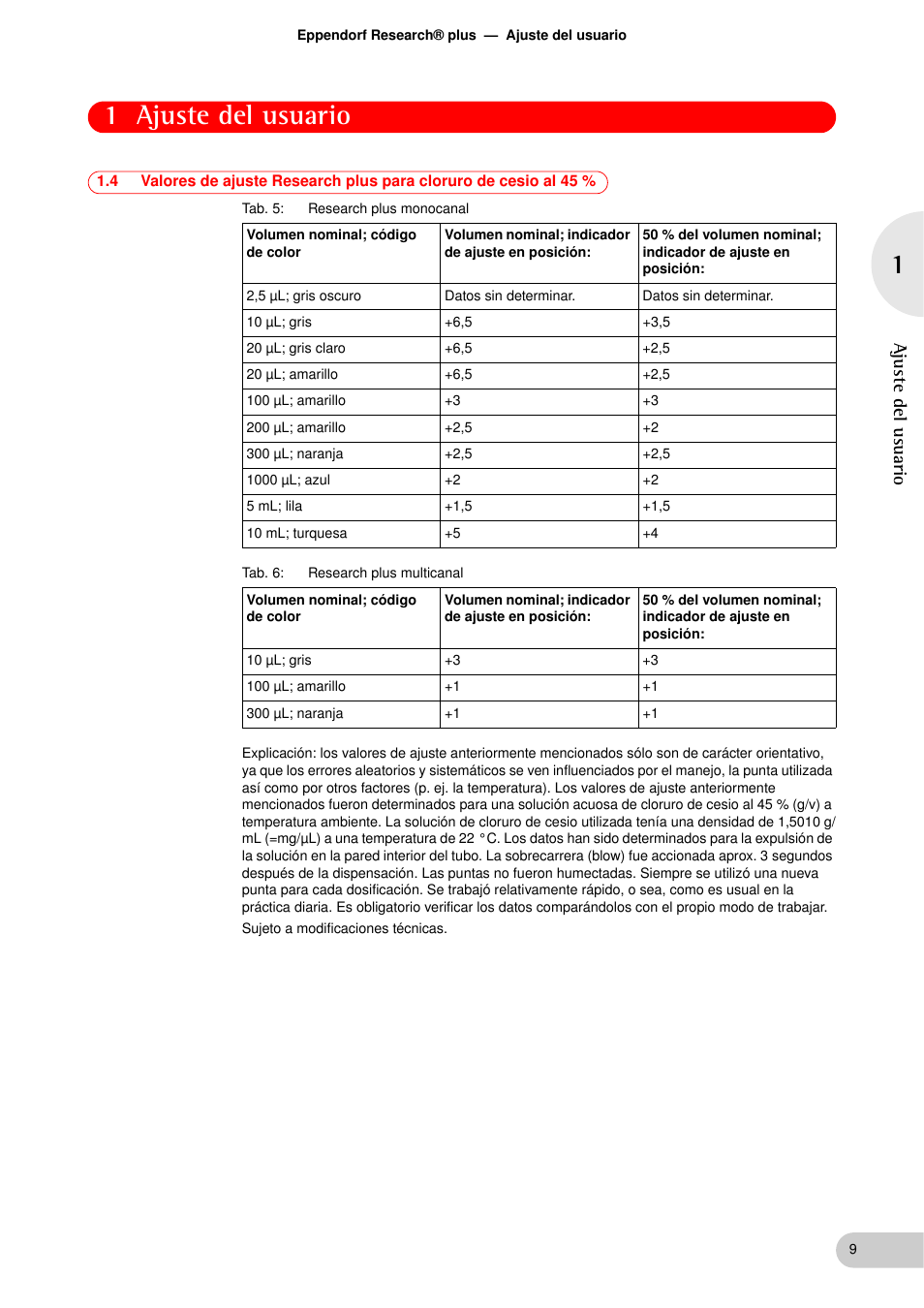 1 ajuste del usuario, Ajuste del usuario | Eppendorf Research plus Adjustment Factory User Manual | Page 9 / 14