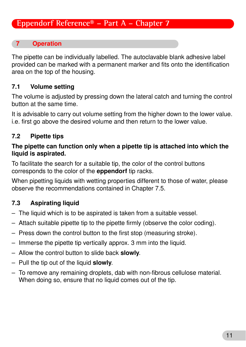 7 operation, 1 volume setting, 2 pipette tips | 3 aspirating liquid, 1 volume, Setting, 2 pipette, Tips, 3 aspirating, Liquid | Eppendorf Reference User Manual | Page 12 / 44