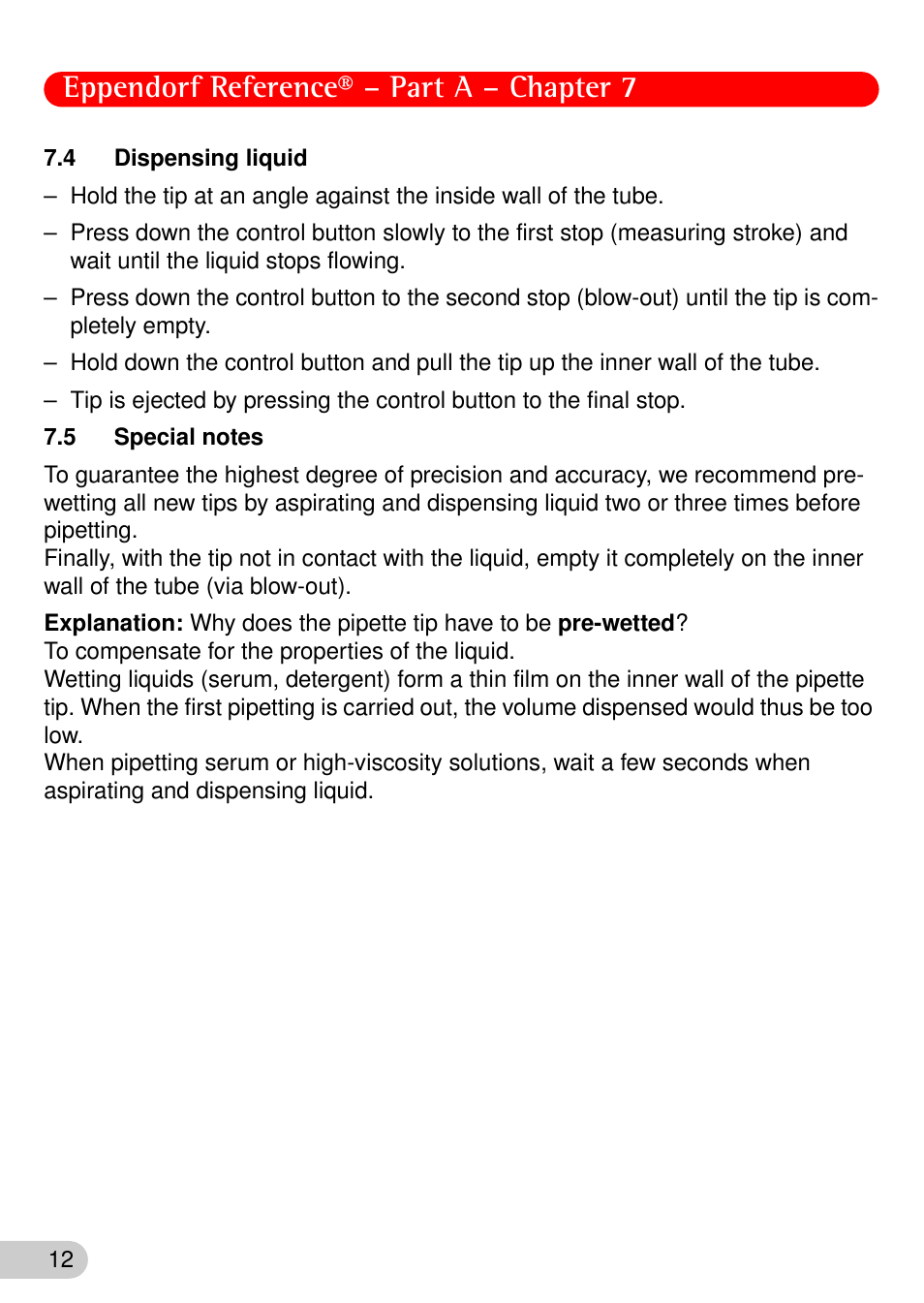 4 dispensing liquid, 5 special notes, 4 dispensing | Liquid, 5 special, Notes, Eppendorf reference® – part a – chapter 7 | Eppendorf Reference User Manual | Page 13 / 44