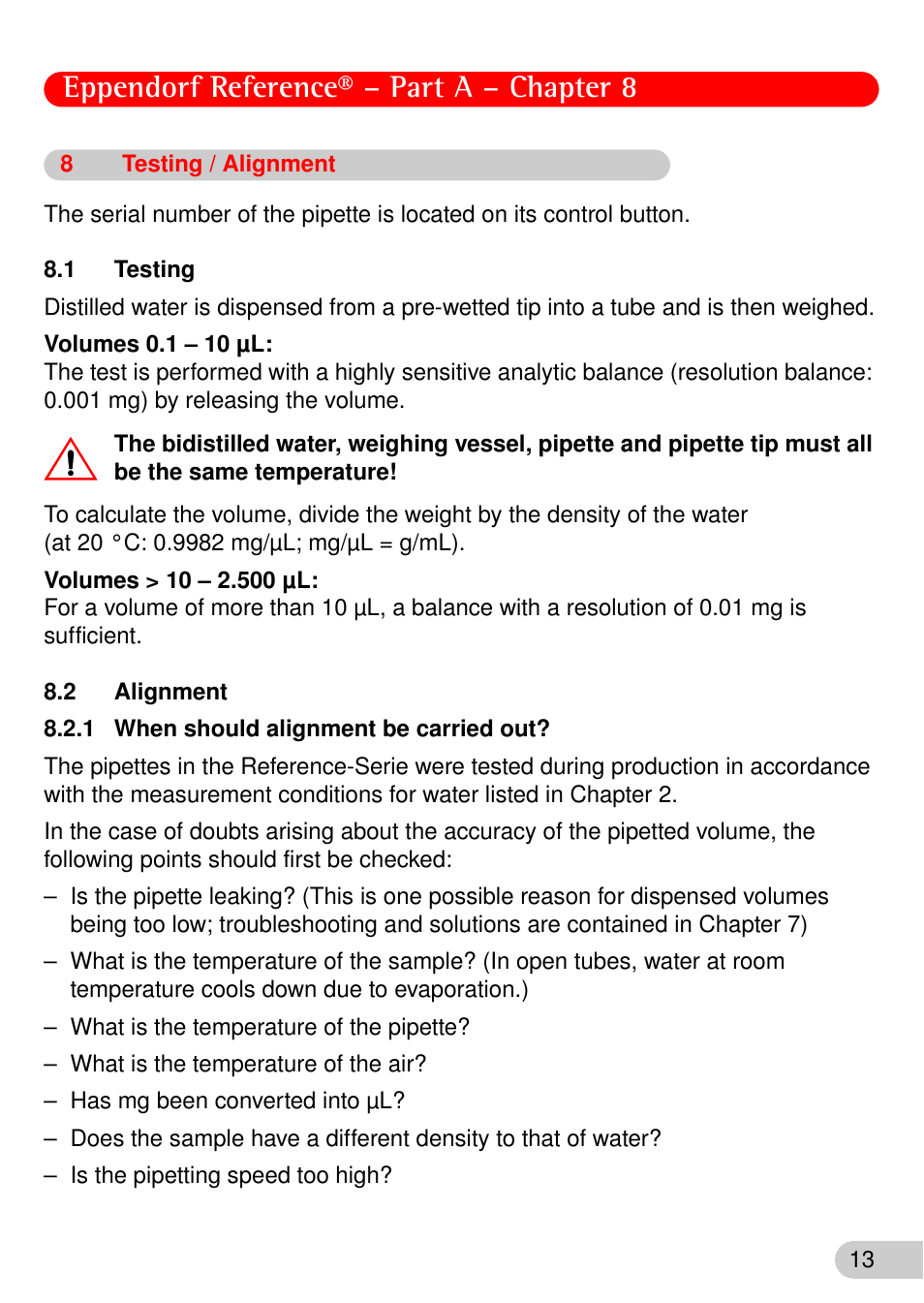 8 testing / alignment, 1 testing, 2 alignment | 1 when should alignment be carried out, Testing / alignment, When should alignment be carried out, Eppendorf reference® – part a – chapter 8 | Eppendorf Reference User Manual | Page 14 / 44