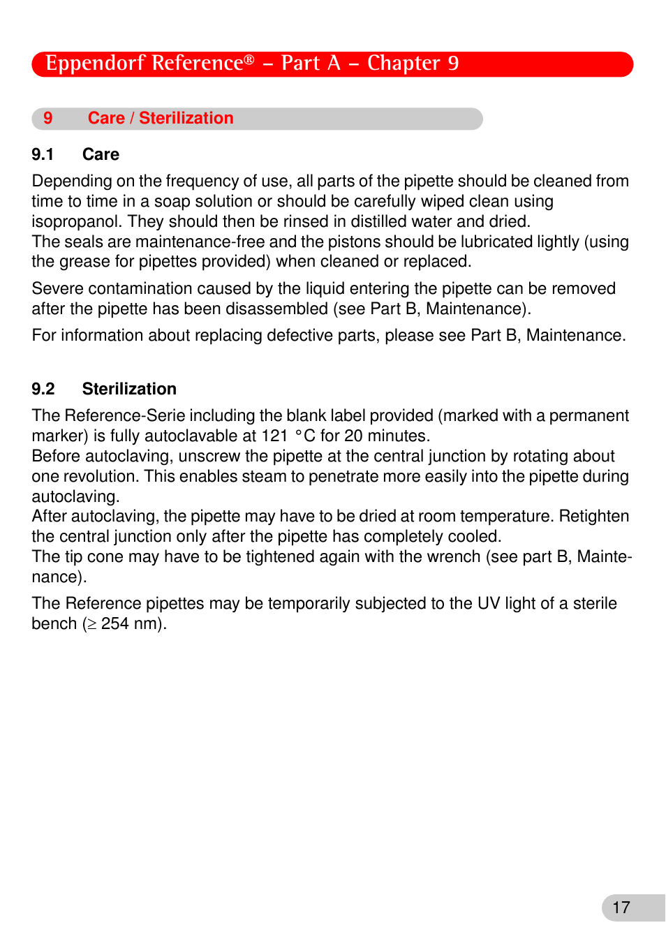 9 care / sterilization, 1 care, 2 sterilization | Care / sterilization, Eppendorf reference® – part a – chapter 9 | Eppendorf Reference User Manual | Page 18 / 44