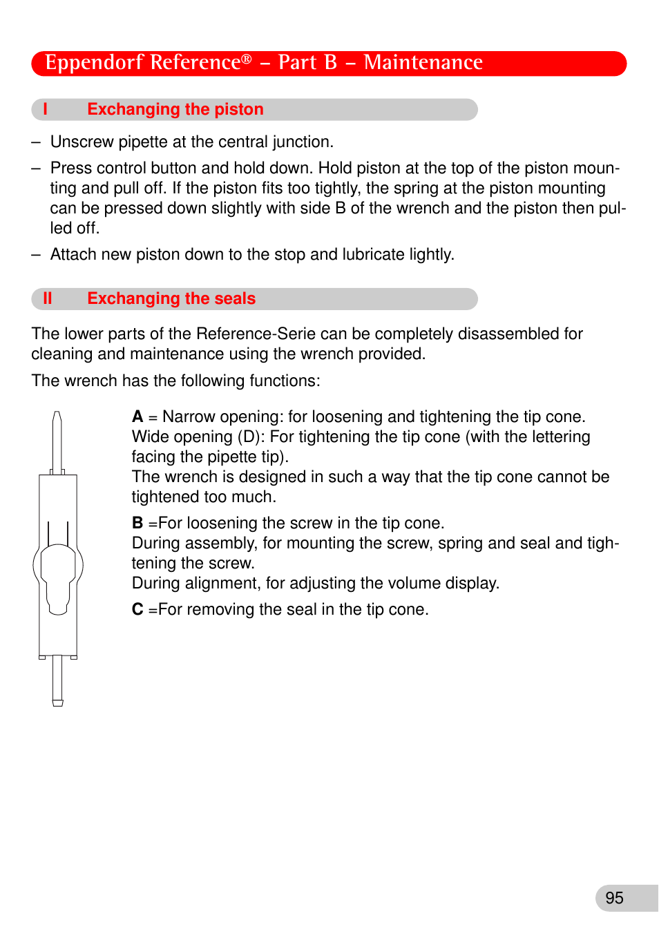 I exchanging the piston, Ii exchanging the seals, Exchanging the piston | Exchanging the seals, Eppendorf reference® – part b – maintenance | Eppendorf Reference User Manual | Page 24 / 44