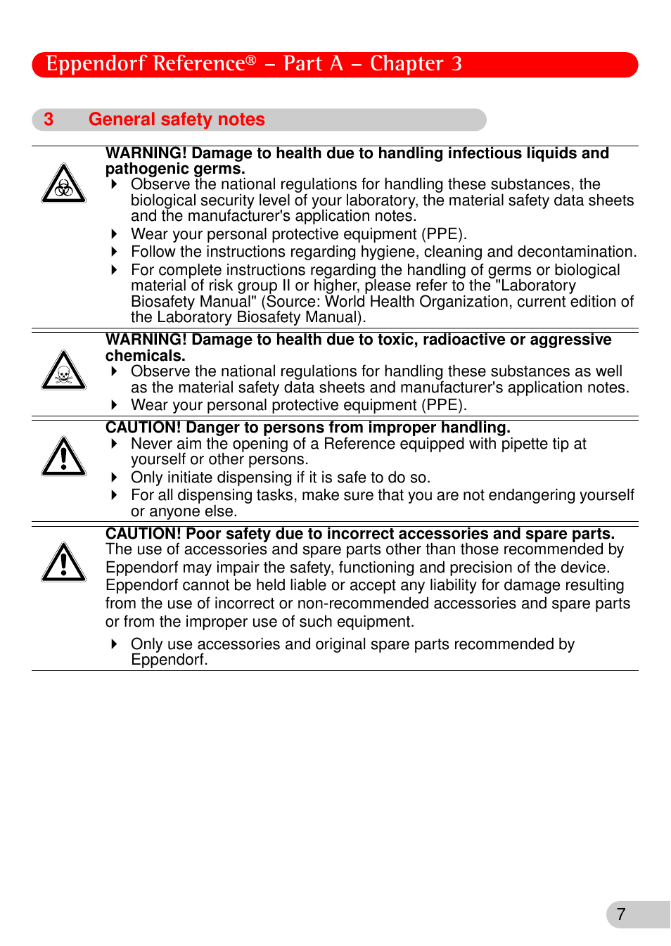 3 general safety notes, Warning, Caution | General safety notes, Eppendorf reference® – part a – chapter 3 | Eppendorf Reference User Manual | Page 8 / 44