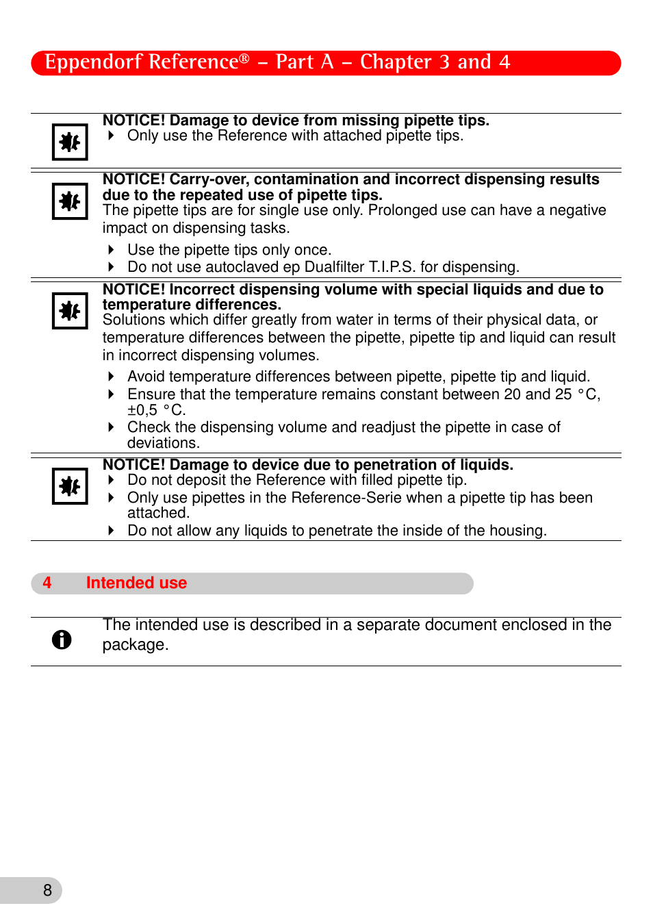 Notice, 4 intended use, 4 intended | Eppendorf reference® – part a – chapter 3 and 4 | Eppendorf Reference User Manual | Page 9 / 44