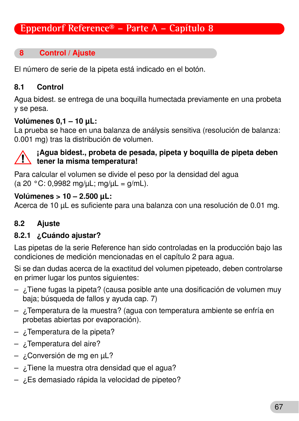 8 control / ajuste, 1 control, 2 ajuste | 1 ¿cuándo ajustar, Control / ajuste, 1 ¿cuándo, Ajustar, Eppendorf reference® – parte a – capítulo 8 | Eppendorf Reference User Manual | Page 14 / 46
