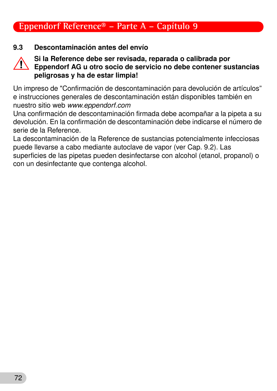 3 descontaminación antes del envío, Descontaminación antes del envío, Eppendorf reference® – parte a – capítulo 9 | Eppendorf Reference User Manual | Page 19 / 46