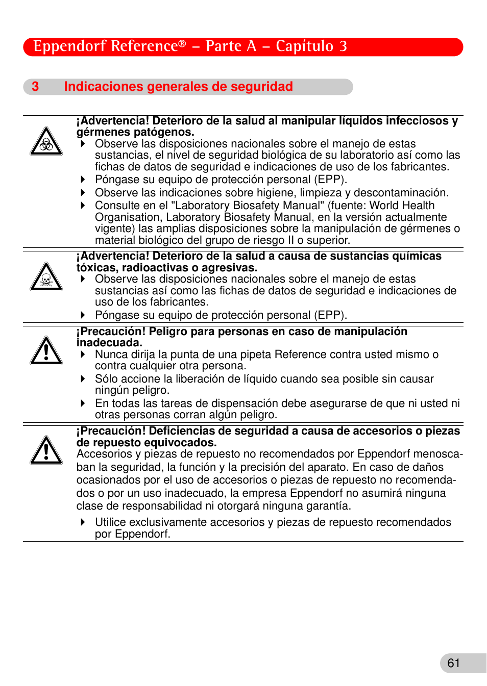 3 indicaciones generales de seguridad, Indicaciones generales de seguridad, Eppendorf reference® – parte a – capítulo 3 | Eppendorf Reference User Manual | Page 8 / 46