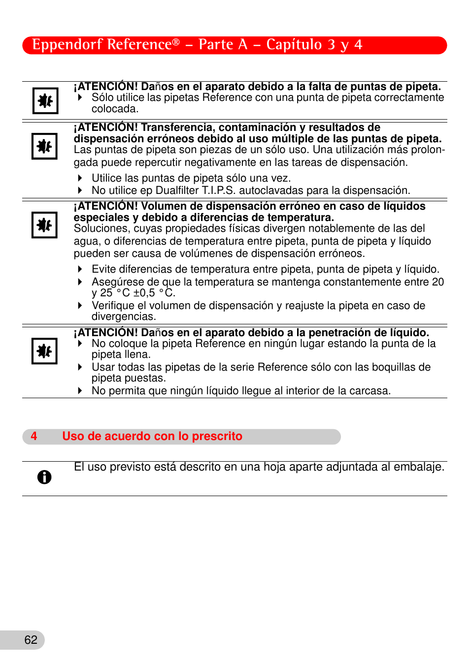 4 uso de acuerdo con lo prescrito, Eppendorf reference® – parte a – capítulo 3 y 4 | Eppendorf Reference User Manual | Page 9 / 46