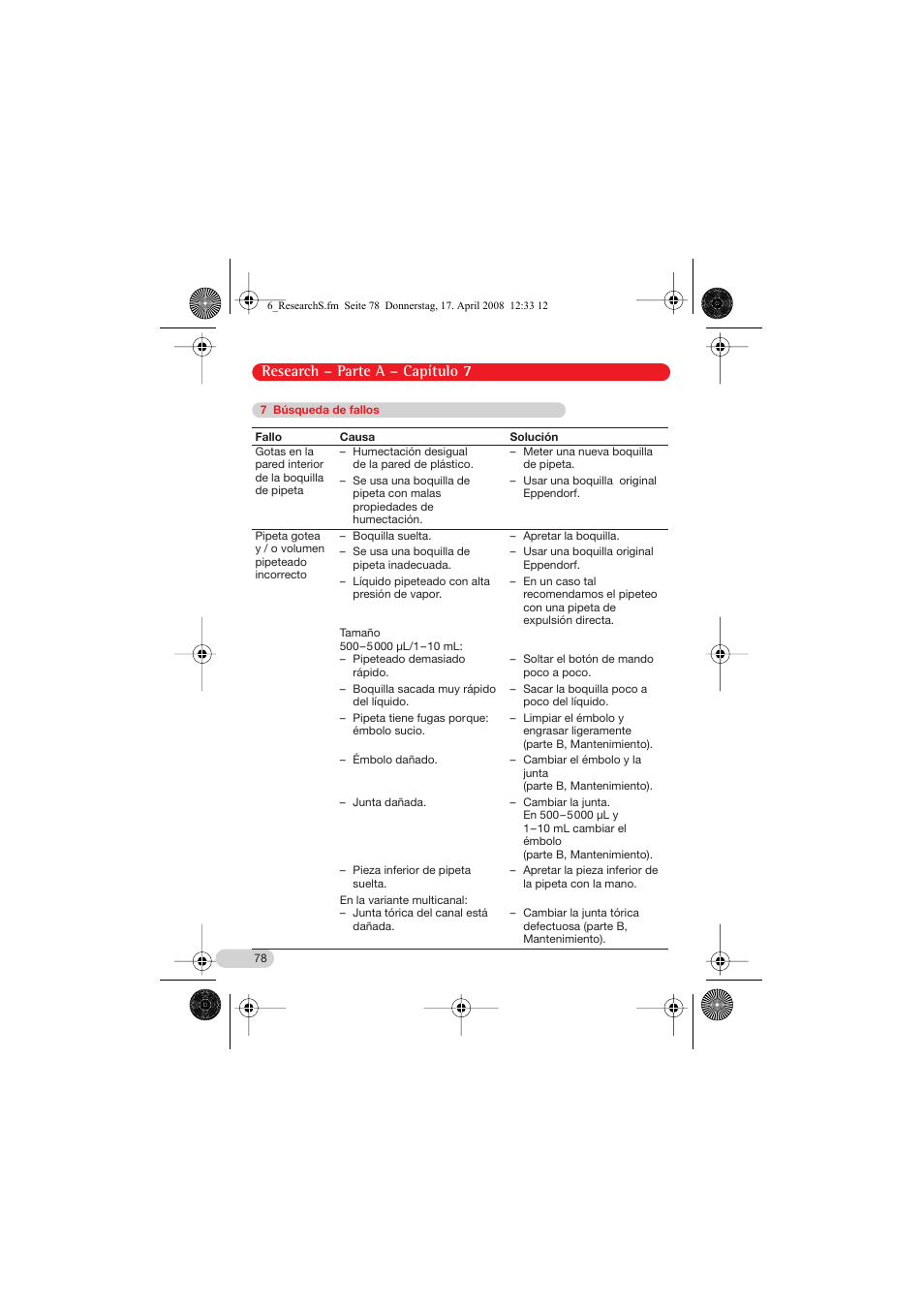 7 búsqueda de fallos, Research – parte a – capítulo 7 | Eppendorf Research Family - fix, variable, multi User Manual | Page 18 / 42