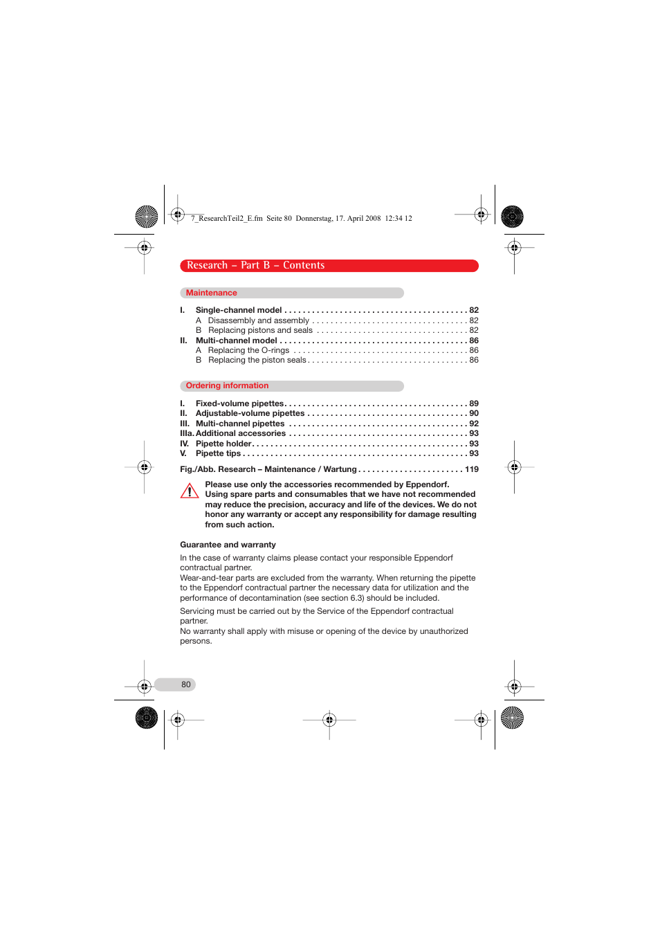 Part b – contents, Maintenance, Research – part b – contents | Eppendorf Research Family - fix, variable, multi User Manual | Page 20 / 42