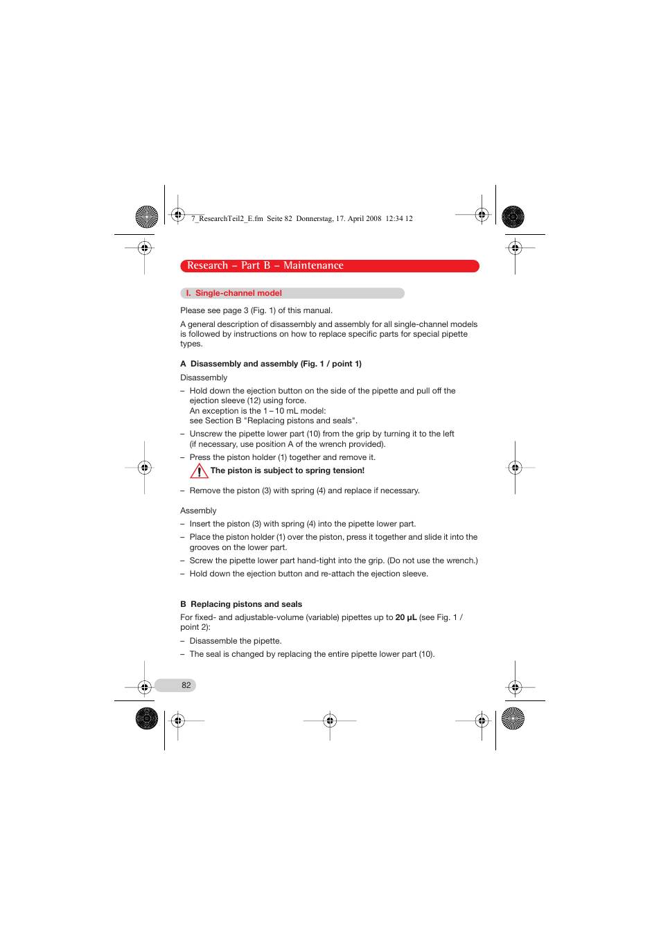 I. single-channel model, Research – part b – maintenance | Eppendorf Research Family - fix, variable, multi User Manual | Page 22 / 42