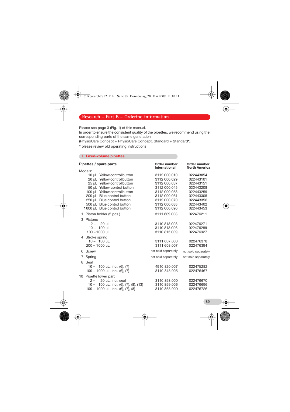 Ordering information, I. fixed-volume pipettes, Research – part b – ordering information | Eppendorf Research Family - fix, variable, multi User Manual | Page 29 / 42